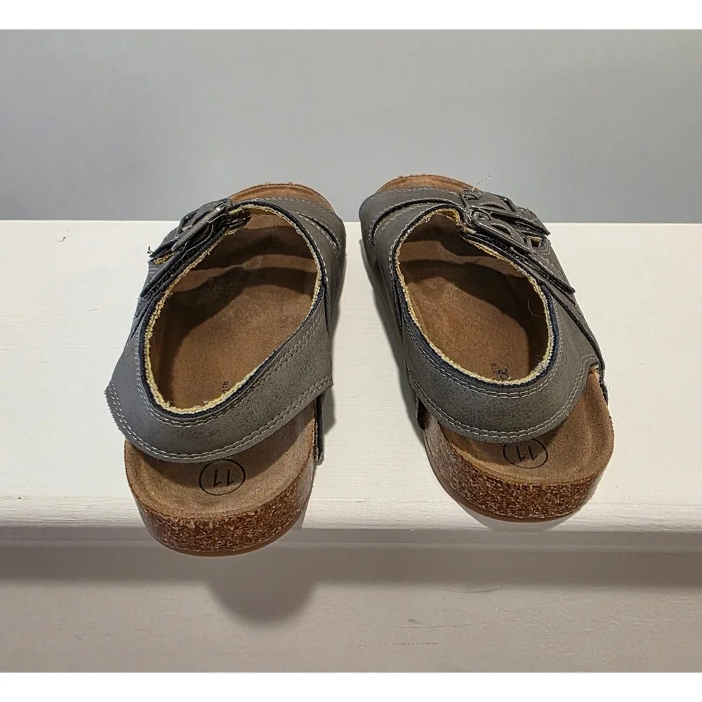 Kid's sz 11 Grey Faux Leather Cork Footbed Sandals Buckle Slingback Granola